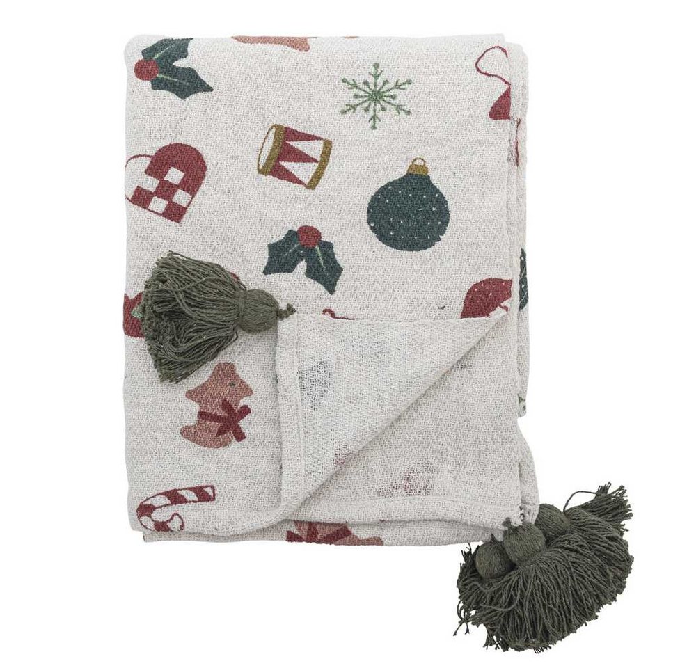 Wolldecke Bloomingville Decke YULE Natur Weihnachtsmotiv Quasten Grün 160x130 cm, Bloomingville von Bloomingville