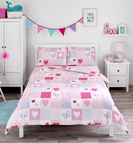 Bloomsbury Mill - Bettwäsche 200 x 200 cm Herzen & Schmetterlingen für Kinder – Doppelbett Bettwäscheset für Mädchen – Rosa & Lila Wendebettwäsche und 2 Kissenbezug Set von Bloomsbury Mill