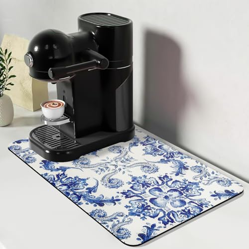 Bloss Abtropfmatte, 31 x 50 cm, saugfähig, mit wasserdichter Gummi-Rückseite, passt unter Kaffeemaschine/Küchentheke (Cyanfarbene Blume) von Bloss