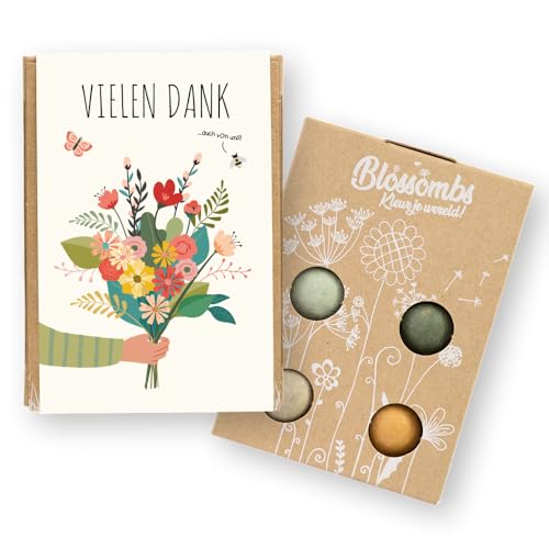 Blossombs Samenbomben Geschenkbox Mini - Vielen Dank - Blumen Geschenk mit 4 Saatbomben - Saatgut Blumensamen Geschenk für Bienen und Schmetterling Blumenbombe Seed Bombs von Blossombs