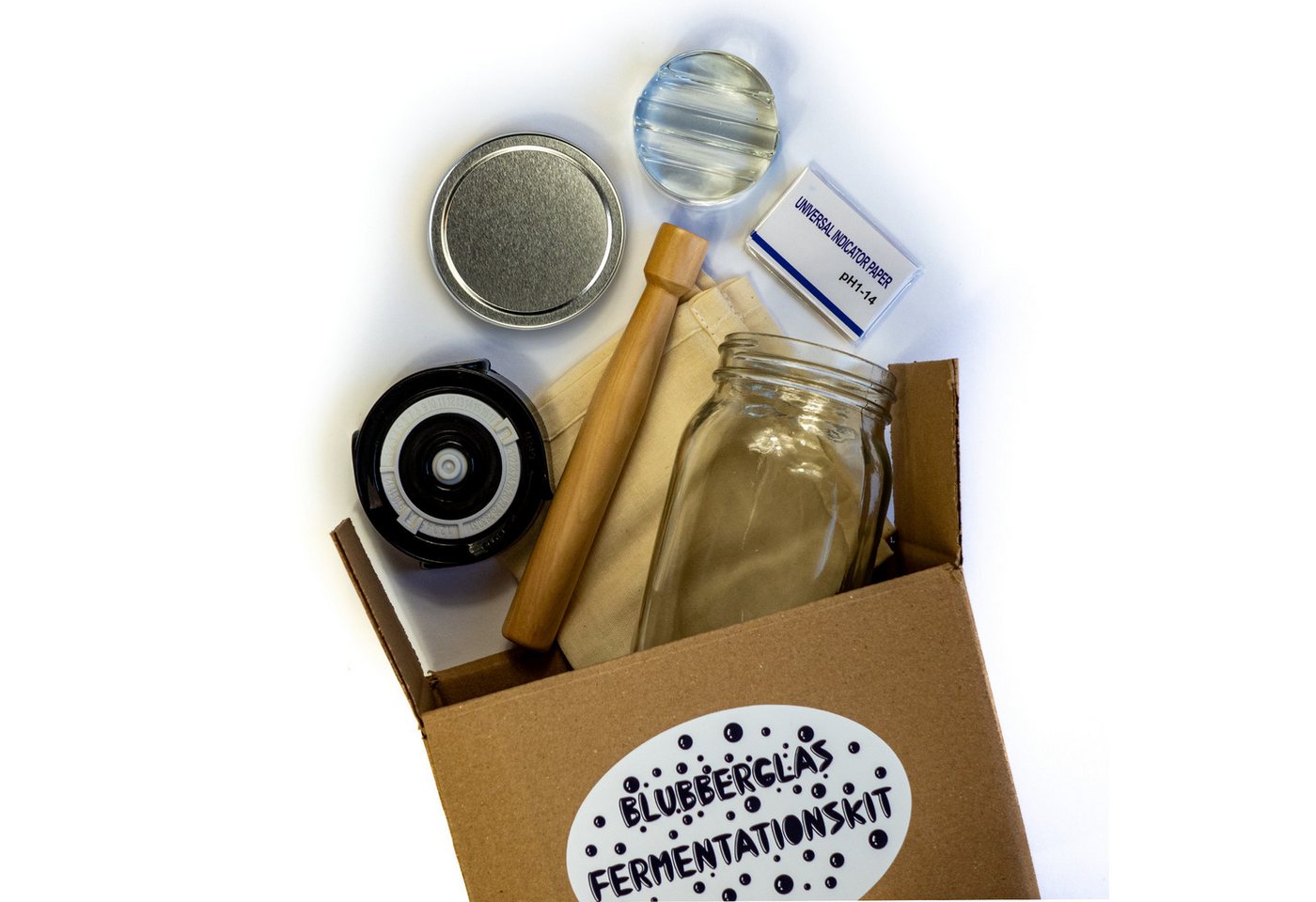 Blubberglas Fermentationsglas Fermentationskit Sauerkraut, Kombucha, Kimchi, Sauerteig fermentieren, (Glas, Fermentationsdeckel, Glasgewicht, Holzstampfer, Baumwolltuch), Assembled in Germany von Blubberglas