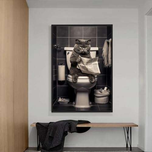 Blue Booms Cat on Toilet Reading Newspaper LEINWAND 40x60 Rahmen Schwarz von Blue Booms