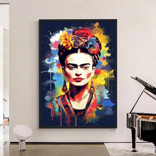 Blue Booms Frida Kahlo Porträt Bunt Abstrakt LEINWAND 60x90 Rahmen Schwarz von Blue Booms