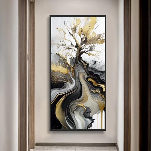 Blue Booms Royal Luxurious Fluid Art Golden Grey Tree - Panorama ACRYLGLAS 40x80 Rahmen Schwarz von Blue Booms