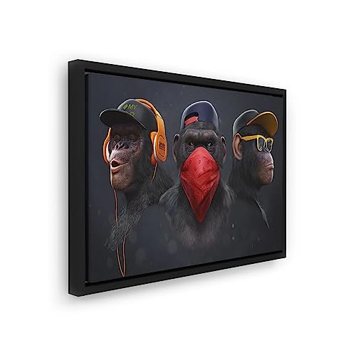 Blue Booms Three Wise Swag Cool Monkeys - 3 Weise Affen Nicht Sehen. Hören. Sprechen ALU-DIBOND WEIß 90x60 Rahmen Schwarz von Blue Booms
