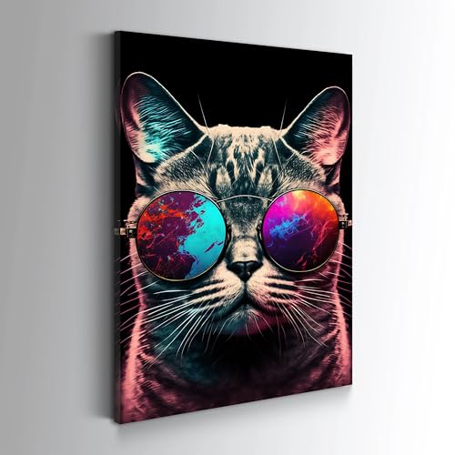 Coole Katze mit Sonnenbrille Portrait Wohnzimmer Schlafzimmer Wandbild Leinwand Acrylglass Poster - sehr hohe Qualität - Bilder Motiv auf Wandbild-XXL mit Holzrahmen LEINWAND 30x45 Ohne Rahmen von Blue Booms