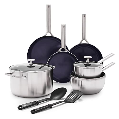 Blue Diamond Cookware Triple Steel Edelstahl Diamantverstärkte Keramik Antihaft 11-teiliges Kochgeschirr, Bratpfannen,Kochtöpfe, PFAS-frei, Mehrschichtig, Induktion, Spülmaschinen- und ofenfest,Silber von Blue Diamond