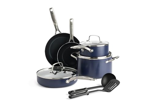 Blue Diamond Cookware Diamantstruktur Keramik Antihaft, 14-teiliges Topf- und Pfannenset, Enthält Bratpfannen Kochtöpfe Bratpfannen Kochtöpfe Utensilien, PFAS-frei, spülmaschinenfest,backofenfest,Blau von Blue Diamond