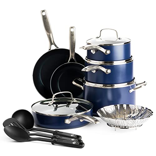 Blue Diamond Cookware Diamantstruktur Keramik Antihaft, 14-teiliges Topf- und Pfannenset, Enthält Bratpfannen Kochtöpfe Bratpfannen Kochtöpfe Utensilien, PFAS-frei, spülmaschinenfest,backofenfest,Blau von Blue Diamond