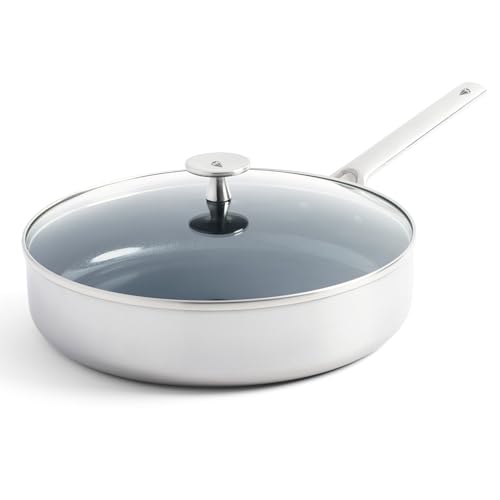 Blue Diamond Cookware Triple Steel Edelstahl Diamantverstärkte Keramik Antihaft 28cm/3,6L Schmorpfanne mit Deckel, Familiengröße, PFAS-frei, Mehrschichtig, Induktion,Spülmaschinen- und ofenfest,Silber von Blue Diamond