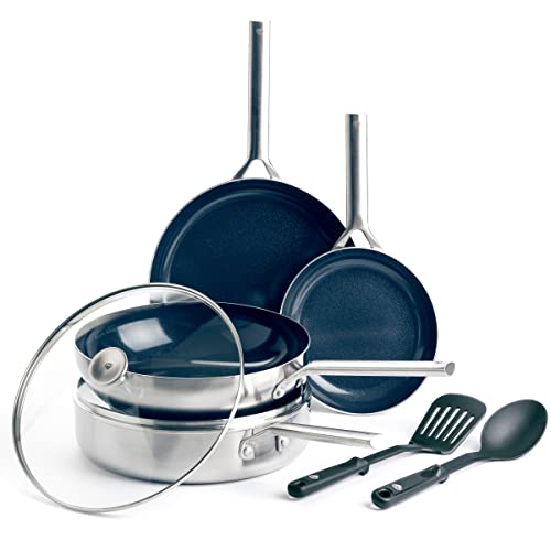 Blue Diamond Cookware Triple Steel Edelstahl Diamantverstärkte Keramik Antihaft 7-teiliges Kochgeschirr-Set, Bratpfanne,Schmorpfannef, PFAS-frei,Mehrschichtig,Induktion,Spülmaschinen & Ofenfest,Silber von Blue Diamond