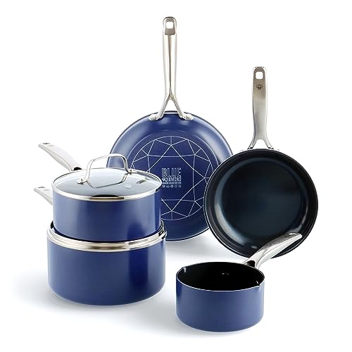 Blue Diamond Cookware Diamantstruktur Keramik Antihaft, 7-teiliges Topf- und Pfannenset,Enthält Bratpfanne Stielkasserolle Milchpfanne,PFAS-frei,Induktion,Spülmaschinenfest,Backofenfest bis 200°C,Blau von Blue Diamond