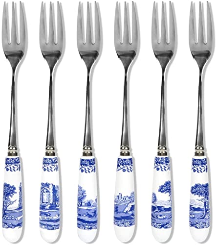 Spode Blau Italienisches 15 cm Porzellan und Edelstahl Kuchengabeln, 6 Stück, blau/weiß von Spode