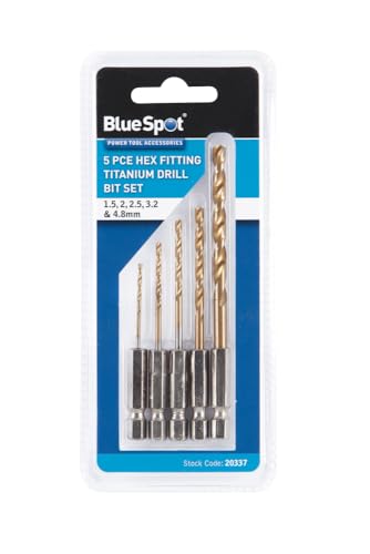 Blue Spot Tools Titanbeschichtetes Sechskant-Bohrer-Set, 6,35 mm Sechskant, Größen 1,5, 2, 2,5, 3,2, 4,8 mm, 5-teilig von Blue Spot Tools
