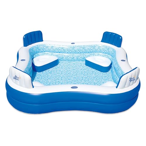 Blue Wave Premier Family Aufblasbarer Pool mit Sitzen - 223,5 x 223,5 x 66 cm Viersitzer-Pool für Hinterhofspaß - Langlebiger aufblasbarer Pool für 4 Personen mit Abdeckung, Ablaufstopfen von Blue Wave