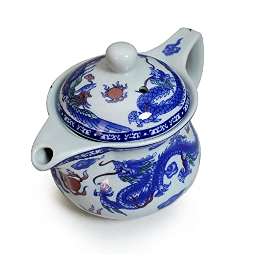 Yxhupot Teekanne, 500 ml, blau-weißes Porzellan, Edelstahl, Teesieb Drache und Phönix (Cihu lang) von Blue and white porcelain