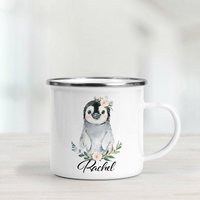 Personalisierte Pinguin Mit Blumen Emaille Tasse - Blumenstrauß Camping von BlueBoxGiftsAU