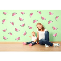 stoff-Vinyl-Wassermelonenscheiben-Wandaufkleber, Wiederverwendbare Wassermelonen-Wandaufkleber, Helle Bunte Obst-Wandgrafiken von BlueDesignCo