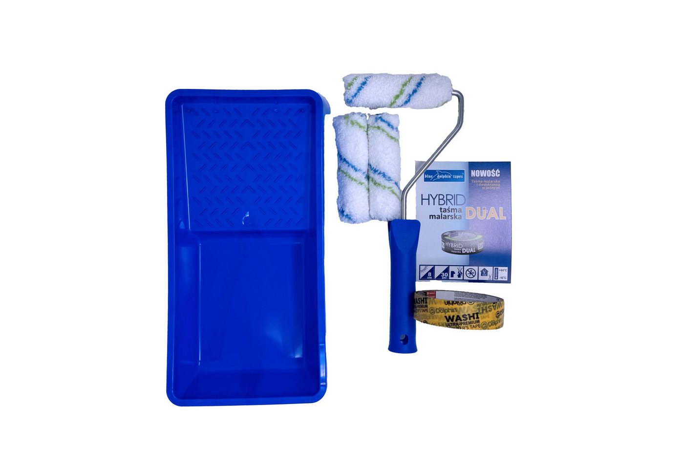 BlueDolphin Malerset Maler-Set 5-teilig Komplett-Set + gratis Washi-Band 10 und 25 cm, (All-inclusiv-set, 6-tlg., 1 x Farbwanne, 1 x Malerband,1 x Griff, 3 x Farbrolle), Abstreifgitter von BlueDolphin