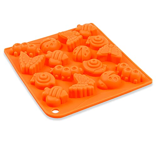 Silikonform mit 16 Insekten, Eiswürfelform, Pralinenform Bienen, Schokoladeform, Giessform, Silicone Mold, Seifenform, Kuchenverzierung, Schmetterling, Raupe, Käfer, Farbe: Orange von BlueFox