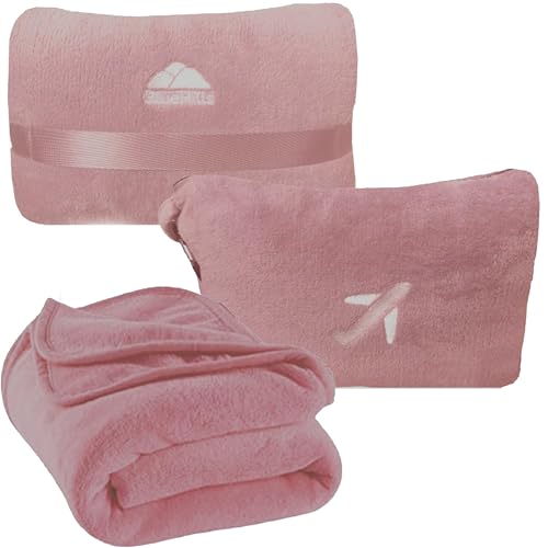 BlueHills Reisedecke-Kissen in Mini-Softhülle, Premium-Plüsch-Flugzeugdecke in weicher Tasche, Kompaktpack mit Gepäckgürtel und Rucksack-Clip, Altrosa M02 von BlueHills