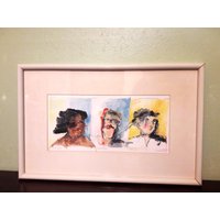 Signierte Wand Kunst Büste Portrait Profil Gemälde, Drei Exiles Verzerrte Gesichter, Fine Art Wanddekoration, Sammlerstück Home Office Dekor Gerahmt von BlueJayStar