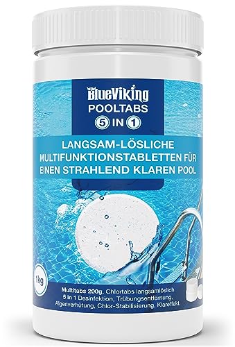 BlueViking Chlortabletten für Pool 5 in 1 - Hochwirksame Multitabs Pool 200g im 1kg Eimer - Chlor Pool Tabletten in EU Premium-Qualität - Einfache, Sichere und Effiziente Poolpflege von BlueViking