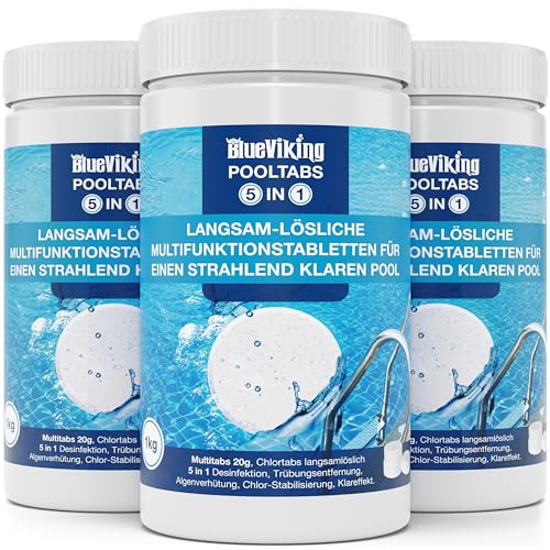 BlueViking Chlortabletten für Pool 5 in 1 - Hochwirksame Multitabs Pool 20g im 3X 1kg Eimer - Chlor Pool Tabletten in EU Premium-Qualität - Einfache, Sichere und Effiziente Poolpflege von BlueViking