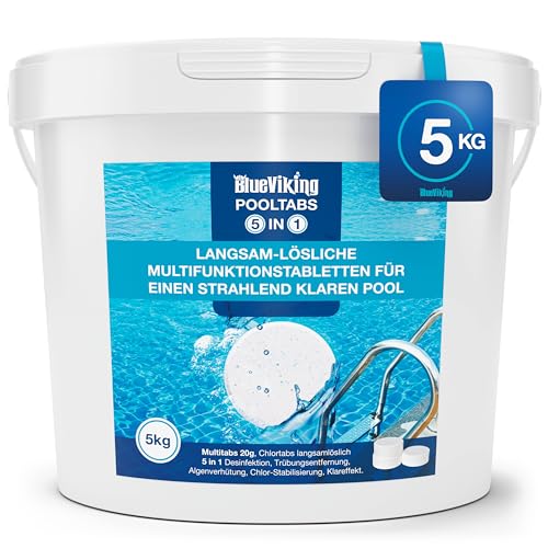 Chlortabletten für Pool 5 in 1 Hochwirksame Multitabs Pool 20g im 5kg Eimer - Chlor Pool Tabletten Made in EU Premium-Qualität – Flockungsmittel, Algizid, Algenvernichter Pool von BlueViking