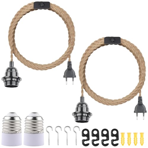 BlueXP 2 Stück E27 Lampenfassung mit Schalter und 2 Stück Stecker Fassung E27 mit 4,5m Hanfseilkabel für DIY Hängende Pendelleuchte Vintage Stehleuchten Hängelampe Kronleuchter von BlueXP