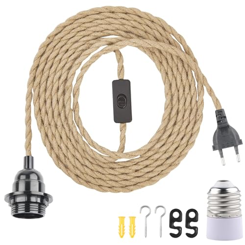 BlueXP E27 Lampenfassung mit Schalter und Stecker Fassung E27 mit 6m Hanfseilkabel für DIY Hängende Pendelleuchte Vintage Stehleuchten Hängelampe Kronleuchter von BlueXP