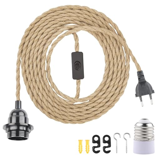 BlueXP E27 Lampenfassung mit Schalter und Stecker Fassung E27 mit 8m Hanfseilkabel für DIY Hängende Pendelleuchte Vintage Stehleuchten Hängelampe Kronleuchter von BlueXP