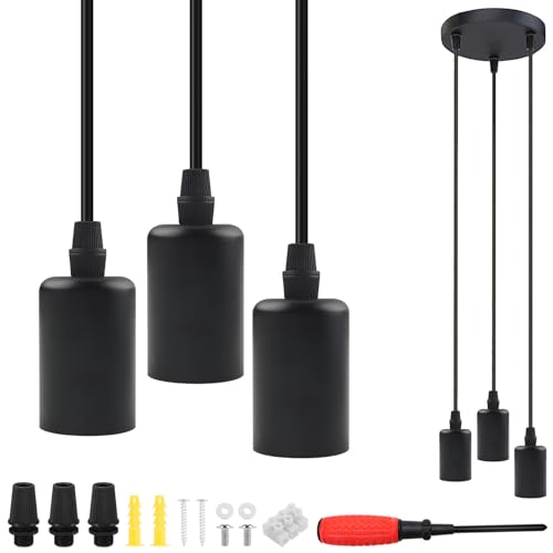 BlueXP Hängelampe Pendelleuchte 3 flammig Schwarz Vintage Höhenverstellbare Deckenlampe Hängend mit E27 Keramikfassung Retro Industrial Hängeleuchte für Esszimmer Küche Wohnzimmer von BlueXP