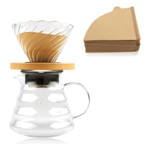 BlueXP Handgefiltertes Kaffee Set mit Glas Kanne & Holzfilter – 600ml Borosilikat Handfilterkanne V02 Kaffeefilteraufsatz mit Bambushalter & Silikonpad inkl. 50 braune Filterpapiere von BlueXP