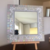 Dekorativer Wandspiegel, Silberfarbener Und Weißer Mosaikspiegel, Rechteckiger Spiegel Jasmin | Nur Bestellungen von Bluebellart22