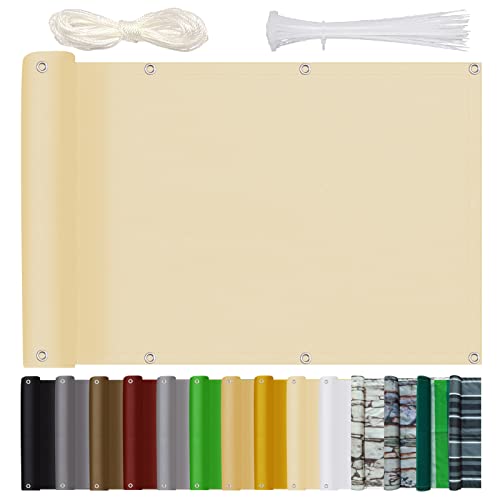 Balkon Sichtschutz Balkonabdeckung 70x100cm Blickdichte Wind- Und Uv-Schutz Wetterfest Balkonsichtschutz mit Ösen Nylon Kabelbinder und Seil für Balkongeländer & Garten, Beige von Bluecool