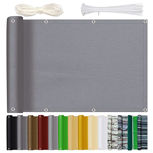 Balkon Sichtschutz Balkonsichtschutz 80x350cm Blickdichte Wind- Und Uv-Schutz Wetterfest Balkonumspannung mit Ösen Nylon Kabelbinder und Seil für Balkongeländer & Garten, Grau von Bluecool