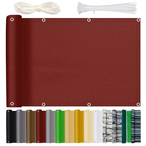Balkon Sichtschutz Balkonsichtschutz 80x350cm Blickdichte Wind- Und Uv-Schutz Wetterfest Balkonumspannung mit Ösen Nylon Kabelbinder und Seil für Balkongeländer & Garten, Rot von Bluecool