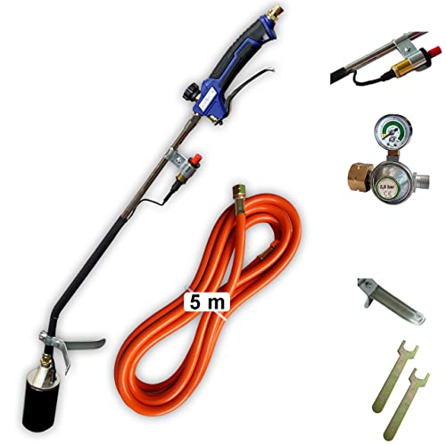 Abflammgerät 69 kW MIT PIEZOZÜNDUNG Unkrautvernichter mit Druckminderer mit Manometer und Gas-Füllstandsanzeige, Dachbrenner Anwärmbrenner Anzünder von Bluecraft