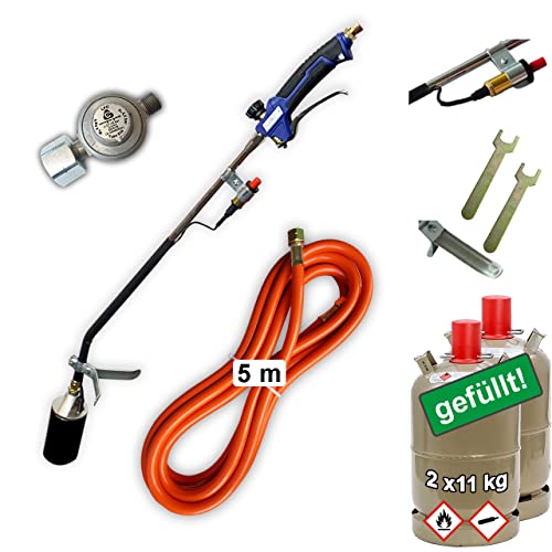 Abflammgerät mit Piezozündung Unkrautvernichter 69 kW mit Gas-Druck-Regler und 2x Propan-Gas-Flasche 11kg GEFÜLLT voll, Gasbrenner Dachbrenner Anzünder Anwärmbrenner von Bluecraft