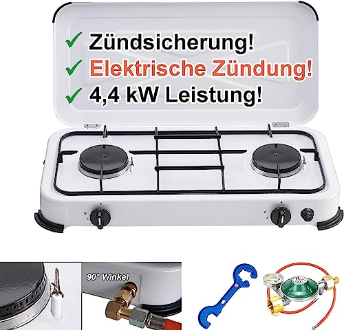 Bluecraft - Camping-Kocher Gaskocher 2-flammig 50 mbar weiss mit Zündsicherung und elektrischer Zündung (Mit Camping-Gasdruckregler 50mbar mit Manometer und Gasschlauch 100cm) von Bluecraft