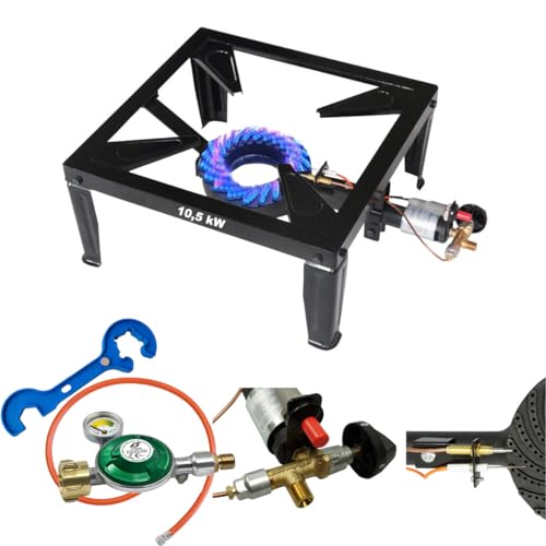 Hockerkocher Gas 10,5 KW mit Zündsicherung und Piezozündung mit Gasschlauch und Gasregler 50mbar mit Manometer Schlüssel von Bluecraft