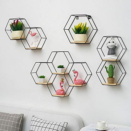 Bluelanss Hexagon Wandregal modern aus- Holz und schwarzem Metall, Gewürzregal im Industrie Design, Küchenregal, Wanddeko, Hängeregal, Wandboard freischwebend, Schweberegal Schwarz L von Bluelanss