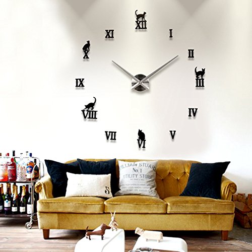 Bluelover DIY-Große Clock 3D Süße Katze Spiegel Wand Uhr Wandtattoo-Schwarz von Bluelover