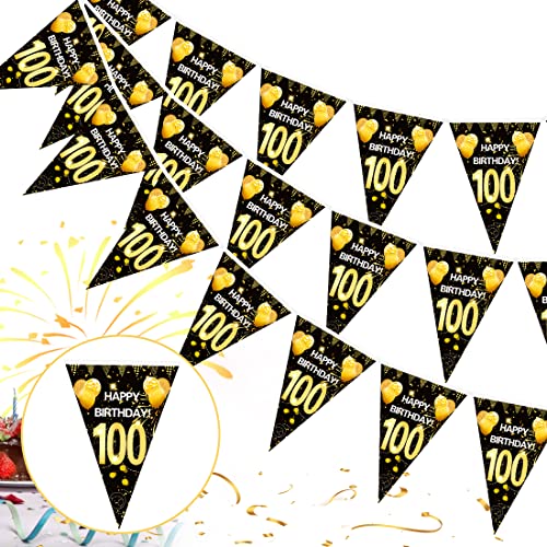 100. Geburtstag Girlande Banner,100er Geburtstag Schwarz Gold Wimpel Banner,100 Geburtstag Wimpelgirlande,100 Jahre zum Birthday Aufhängen Wimpelkette,100 Geburtstag Deko Wimpel für Frauen und Mann von Bluelves