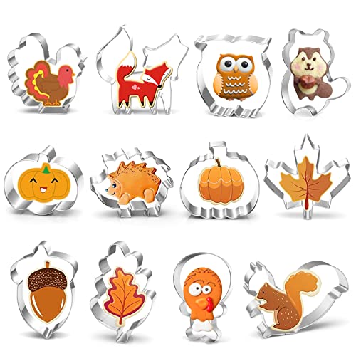 12 Stück Herbst Erntedankfest Ausstechformen Set, Blatt Ausstecher, Herbst keksausstecher, Edelstahl Ausstechformen für Kinder Thanksgiving, Cookie Cutters Fuchs, Kürbis, Eichenblatt, Eichhörnchen von Bluelves