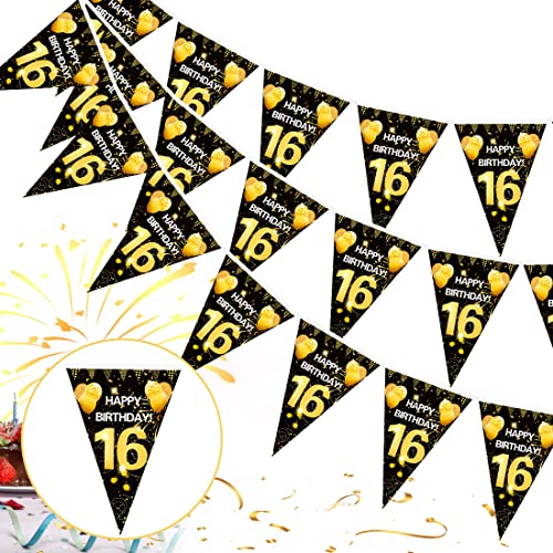 16. Geburtstag Girlande Banner,16er Geburtstag Schwarz Gold Wimpel Banner,16 Geburtstag Wimpelgirlande,16 Jahre zum 16 Birthday Aufhängen Wimpelkette,16 Geburtstag Deko Wimpel für Mädchen Junge von Bluelves