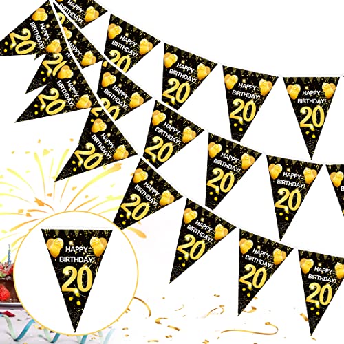20. Geburtstag Girlande Banner,20er Geburtstag Schwarz Gold Wimpel Banner,20 Geburtstag Wimpelgirlande,20 Jahre zum Birthday Aufhängen Wimpelkette,20 Geburtstag Deko Wimpel für Frauen und Mann von Bluelves