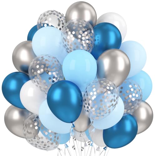 60 Stück Luftballons Blau Weiß Silber, Latex Helium Luftballons Geburtstag Party Dekorationen, Metallic Luftballons Konfetti Garland Arch Kit für Geburtstag Junge Kinde Hochzeit Babydusche, 6 Farbe von Bluelves