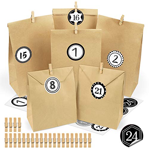 Adventskalender zum Befüllen, 24 Adventskalender Kraftpapiertüten, DIY Adventskalender Selber Basteln, mit 24 Zahlenaufklebern und Klammern, Geschenktüte zum Basteln und Befüllen von Bluelves